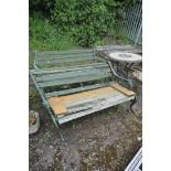 A PAINTED ALUMINIUM AND TEAK SLATTED GARDEN BENCH, length 132cm, and another garden bench (