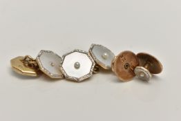 A PAIR OF CUFFLINKS AND TWO DRESS STUDS, the cufflinks each designed with two mother of pearl panels