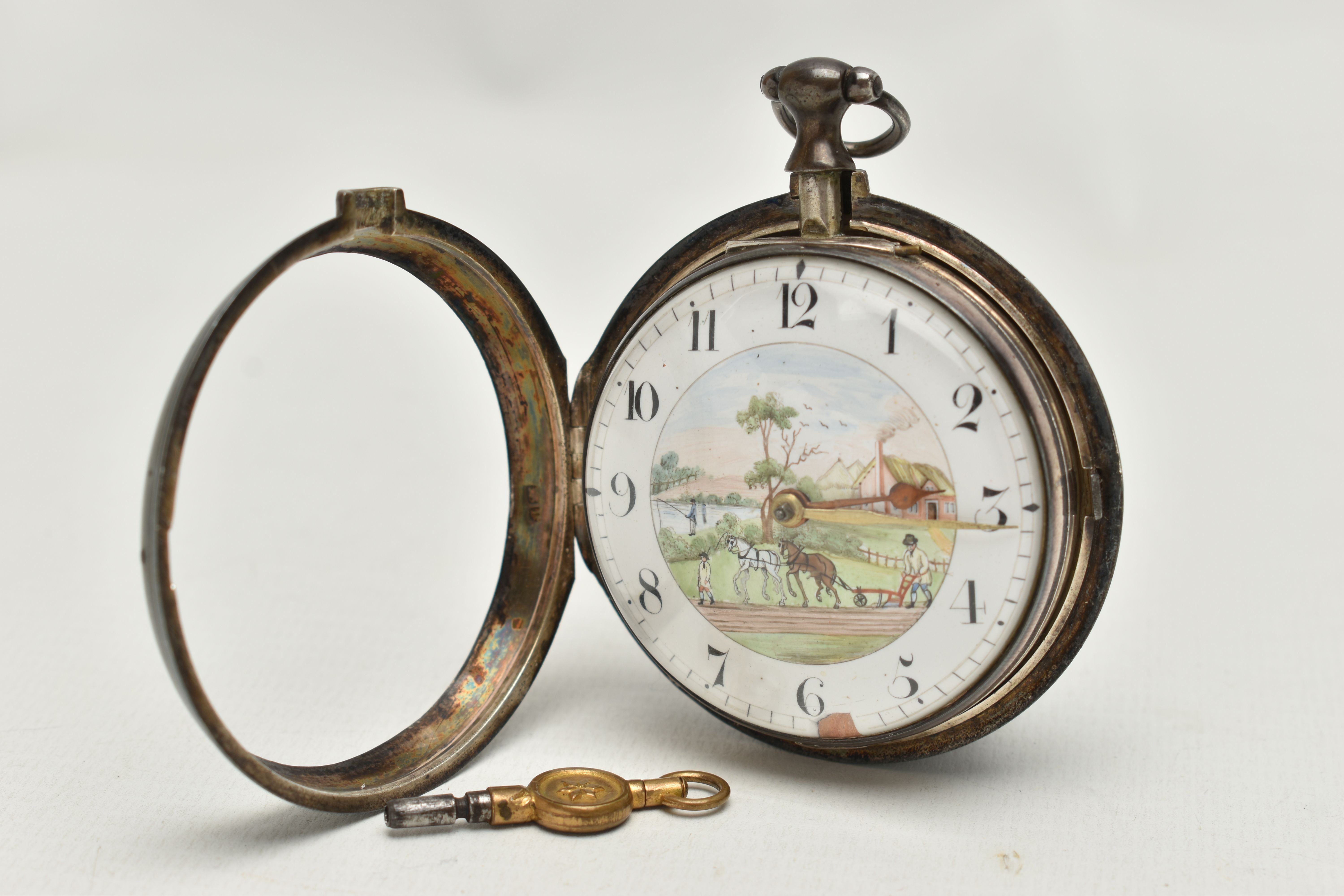 A GEORGE III SILVER PAIR CASED POCKET WATCH, the white enamel dial with Arabic numerals, painted - Image 3 of 9