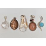 FIVE STATEMENT PENDANTS, a selection of white metal pendants, set with pearl, shell, goldstone and