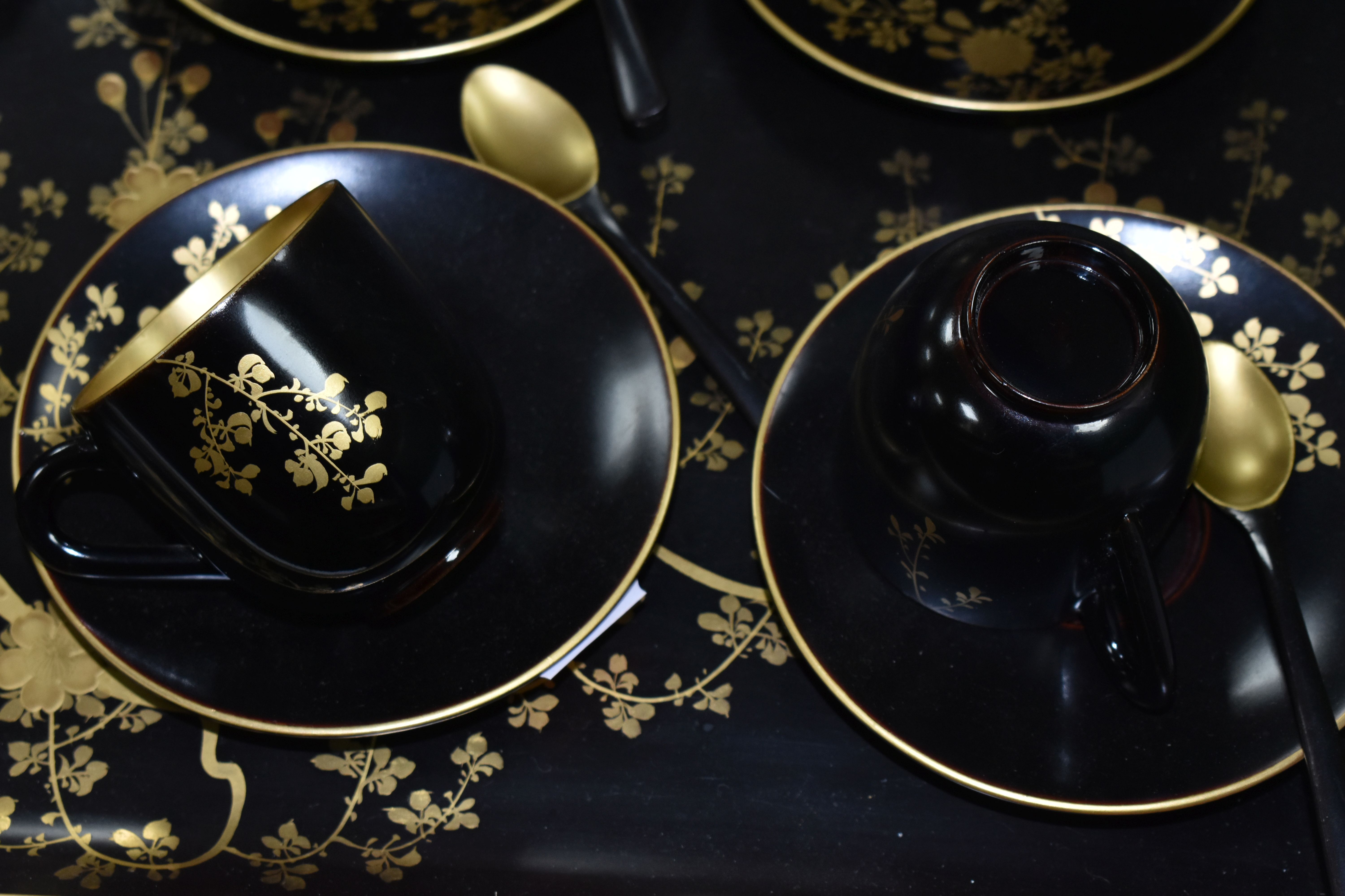 A CHINESE LACQUER WARE TEASET, comprising of a tray, six cups, saucers and spoons, teapot, milk - Image 5 of 8