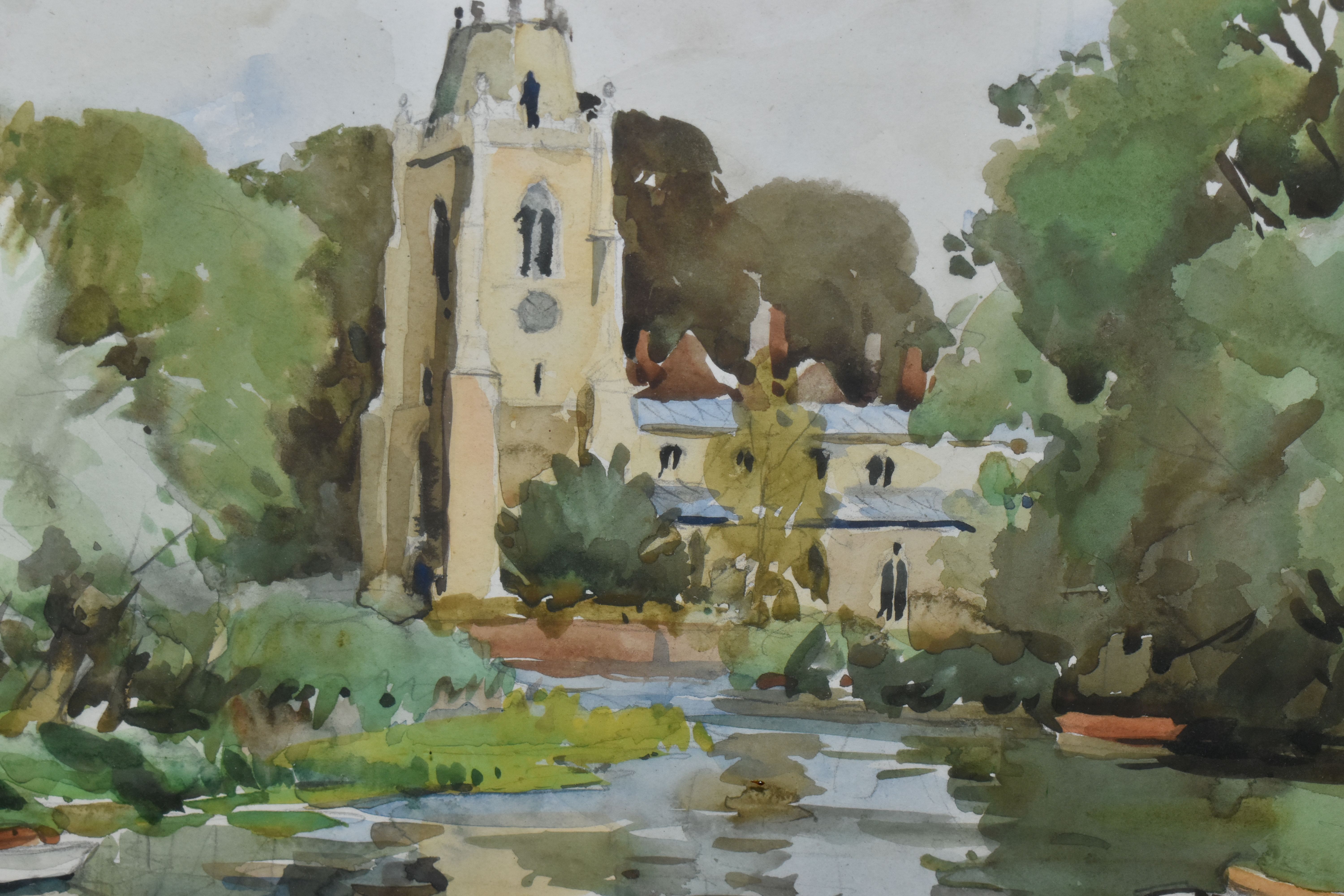 EDWARD WESSON (BRITISH 1910-1983) HEMINGFORD GREY A RIVER LANDSCAPE WITH CHURCH, - Image 3 of 4