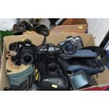 TWO BOXES OF CAMERAS, AND BINOCULARS, to include a Nikon D5300 camera, two Pentax P30 cameras with a