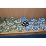 A COLLECTION OF WEDGWOOD JASPERWARE, twenty nine pieces, mainly in pale blue and sage green, to