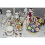 A GROUP OF CERAMIC ORNAMENTS AND FIGURINES, comprising a Royal Crown Derby 'Chatsworth' pattern