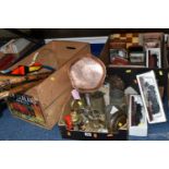 THREE BOXES OF ASSORTED SUNDRIES, to include walking sticks, vintage badminton racquets, chess