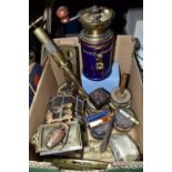 ONE BOX OF METALWARE AND SUNDRIES, to include a blue Harrods coffee grinder, a silverplate purse,