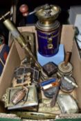 ONE BOX OF METALWARE AND SUNDRIES, to include a blue Harrods coffee grinder, a silverplate purse,