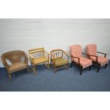 A SELECTION OF VARIOUS CHAIRS, to include a mid-century beech bergère seated armchair, a mid-century