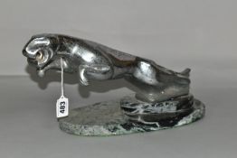 AN ART DECO STYLE CHROME LEAPING JAGUAR, mounted on a green and black marble plinth, length