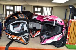 THREE OFF ROAD PRO KIDS MOTOCROSS HELMETS, comprising a new and unused Wulf Off Road Pro pink and