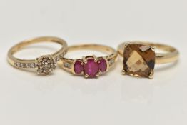 THREE 9CT GOLD GEM SET RINGS, the first a faceted Citrine ring, hallmarked 9ct Birmingham, ring size