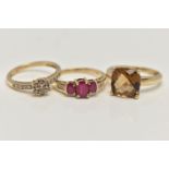 THREE 9CT GOLD GEM SET RINGS, the first a faceted Citrine ring, hallmarked 9ct Birmingham, ring size