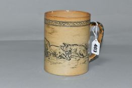 A DOULTON LAMBETH STONEWARE TANKARD BY HANNAH BARLOW, incised with pigs and piglets beneath a