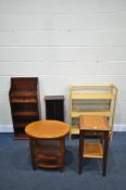 A SELECTION OF OCCASIONAL FURNITURE, to include a folding open bookcase, a slim open bookcase, cd