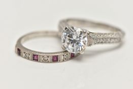 TWO WHITE METAL RINGS, the first a ruby and diamond half eternity ring, stamped 18ct, ring size L,