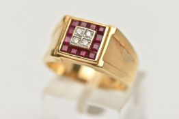 A GENTS YELLOW METAL RUBY AND DIAMOND SIGNET RING, of a square design, to the centre are four