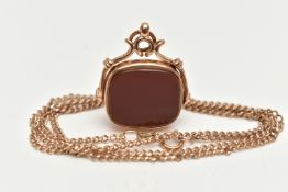 A 9CT GOLD FOB AND CURB LINK CHAIN NECKLACE, a square spinning fob, set with bloodstone and