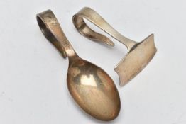 A SILVER BABY FOOD PUSHER AND SPOON, both hallmarked 'Bracelon Ltd' Birmingham 1970 and 1971,