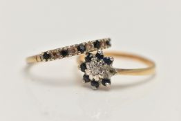 TWO GEM SET RINGS, the first a half eternity ring set with alternating sapphires and cubic zirconia,