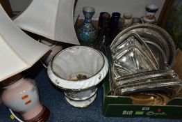 TWO BOXES AND LOOSE CERAMICS, GLASS, METALWARES AND SUNDRY ITEMS, to include a pair of modern