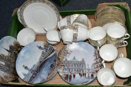 A BOX OF CERAMICS, to include a thirty seven piece Adderley tea set, a set of twelve Bradford