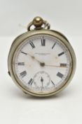 A WHITE METAL OPEN FACE POCKET WATCH, key wound, round white dial signed 'Thos Russell & Son,