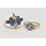 TWO 9CT GOLD GEM SET RINGS, the first a blue sapphire and diamond dress ring, set with six