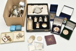 A PLASTIC BOX OF ASSORTED ITEMS, to include a box of assorted loose cutlery pieces, costume