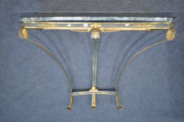A NAPOLEON FRENCH STYLE GILT METAL AND GREEN CONSOLE TABLE, with a veined marble top, width 120cm