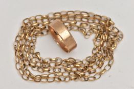 A 9CT GOLD POLISHED BAND RING AND A BELCHER CHAIN, the polished wide band, approximate band width