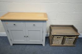 A PAINTED AND LIGHT OAK TOPPED SIDEBOARD, with two drawers, width 100cm x depth 43cm x height