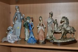 A GROUP OF CAPODIMONTE FIGURES, together with a large Lladro 'Lady with shawl' 4914 figure, height