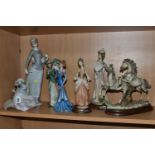 A GROUP OF CAPODIMONTE FIGURES, together with a large Lladro 'Lady with shawl' 4914 figure, height