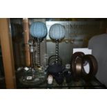 A NEAR PAIR OF ART DECO STYLE CHROME AND GLASS TABLE LAMPS AND OTHER ITEMS OF METALWARE, GLASS AND