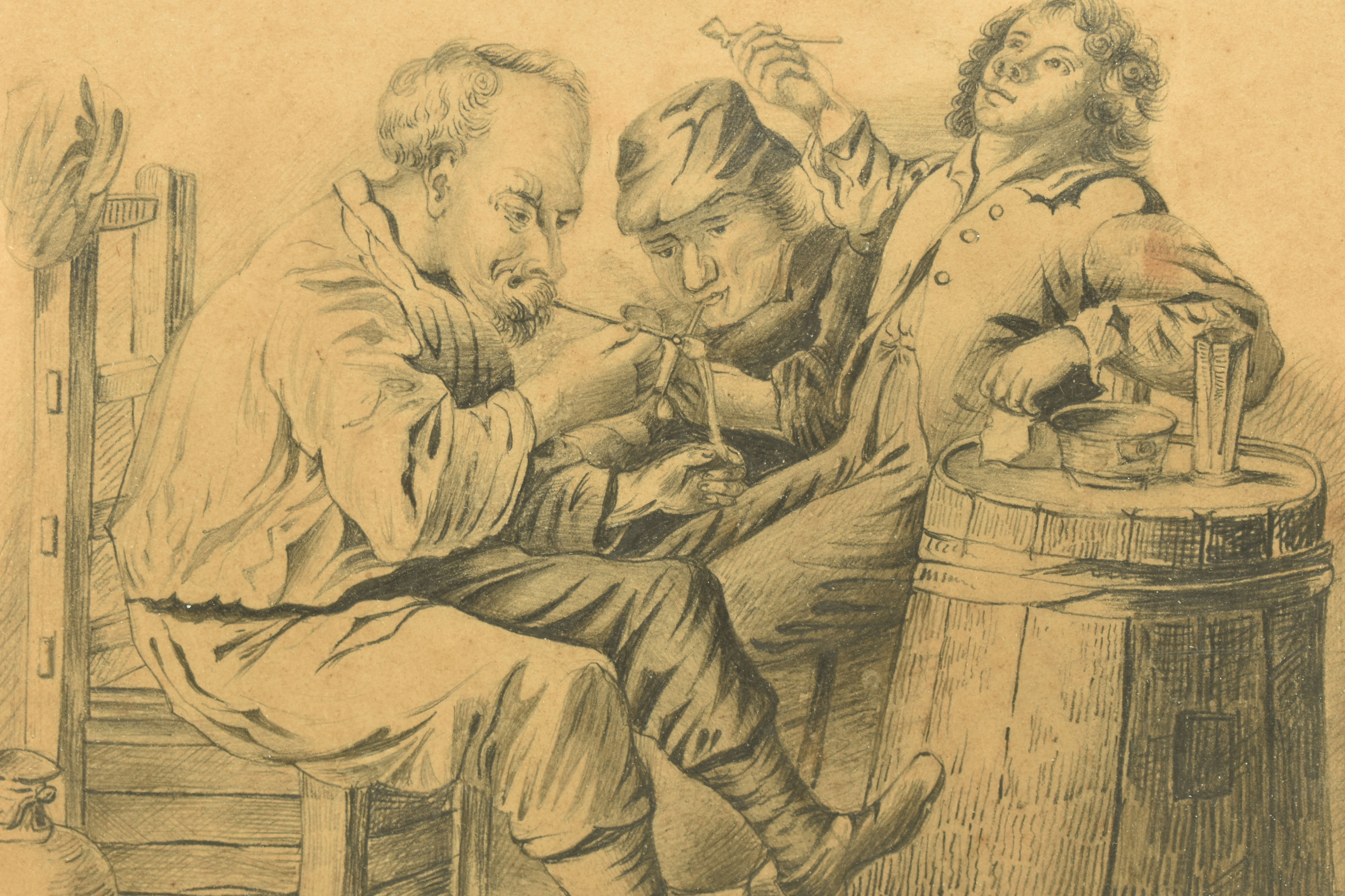 A 19TH CENTURY ILLUSTRATION DEPICTING THREE MALE FIGURES IN A TAVERN, initialled H.C.M lower middle, - Image 3 of 5