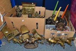 TWO BOXES OF BRASSWARE, METALWARE AND KEYS, to include a large quantity of assorted keys, horse