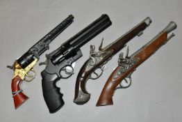 THREE REPLICA PISTOLS, two are flintlock and the third is based on the design of a Colt percussion