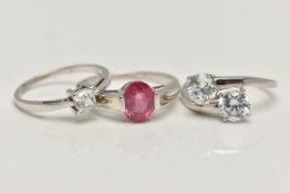 THREE 9CT WHITE GOLD GEM SET RINGS, to include a cubic zirconia cross over ring, ring size K, a