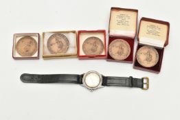 A GENTS 'AVIA' WRISTWATCH AND MEDALLIONS, manual wind watch, round silver dial signed 'Avia De