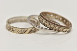 THREE RINGS, the first a 9ct white gold full eternity band set with colourless spinels, hallmarked