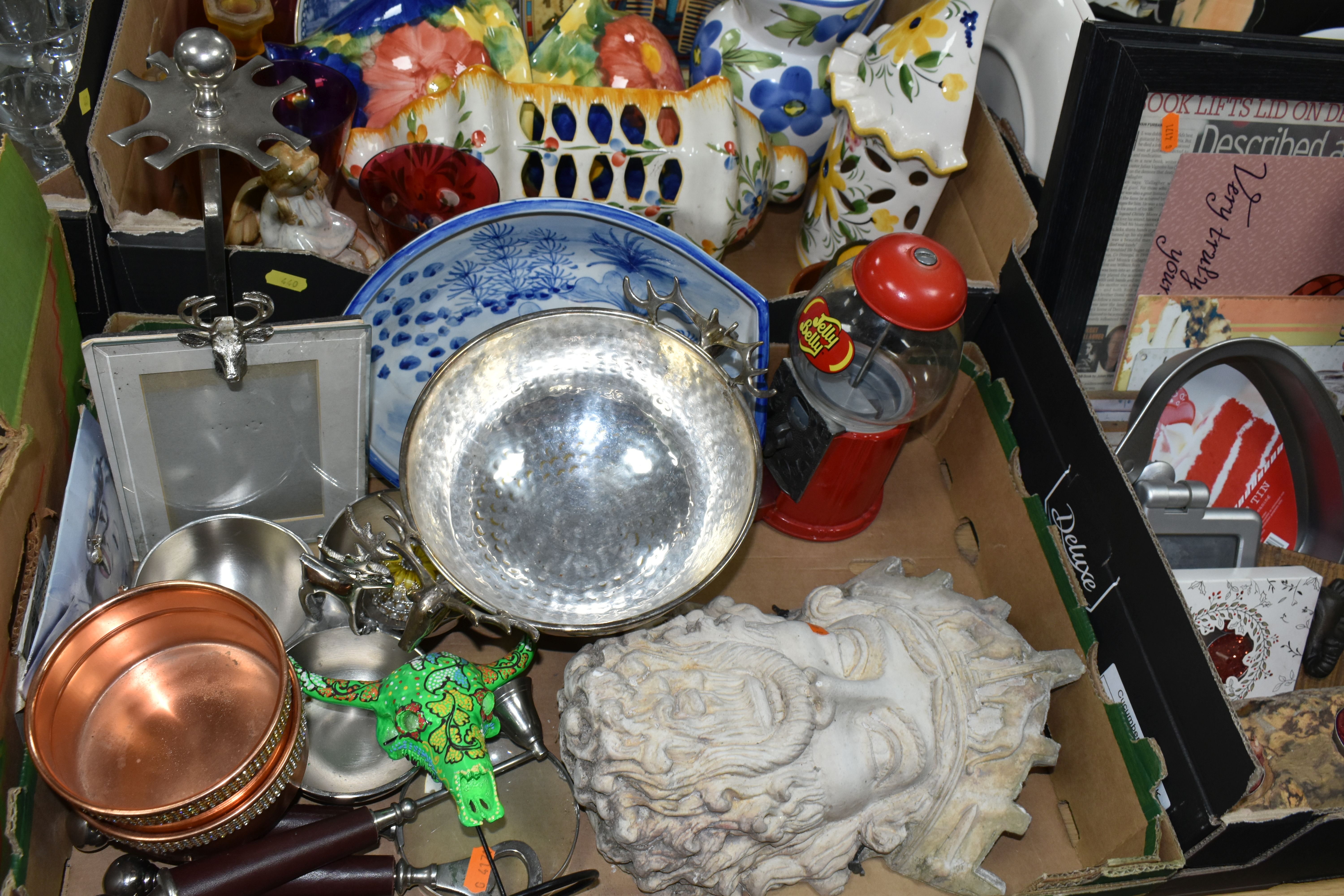 FOUR BOXES OF CERAMICS, GLASS, METAL WARES AND SUNDRY ITEMS, to include a red cut to clear - Image 4 of 6