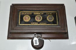 A BUTLER'S/SERVANTS INDICATOR BOX, glazed front with black and gold lettering Front Door-Drawing