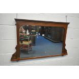 AN EDWARDIAN MAHOGANY AND INLAID OVERMANTLE MIRROR, with a bevelled edge plate, 115cm x 70cm (