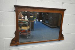 AN EDWARDIAN MAHOGANY AND INLAID OVERMANTLE MIRROR, with a bevelled edge plate, 115cm x 70cm (