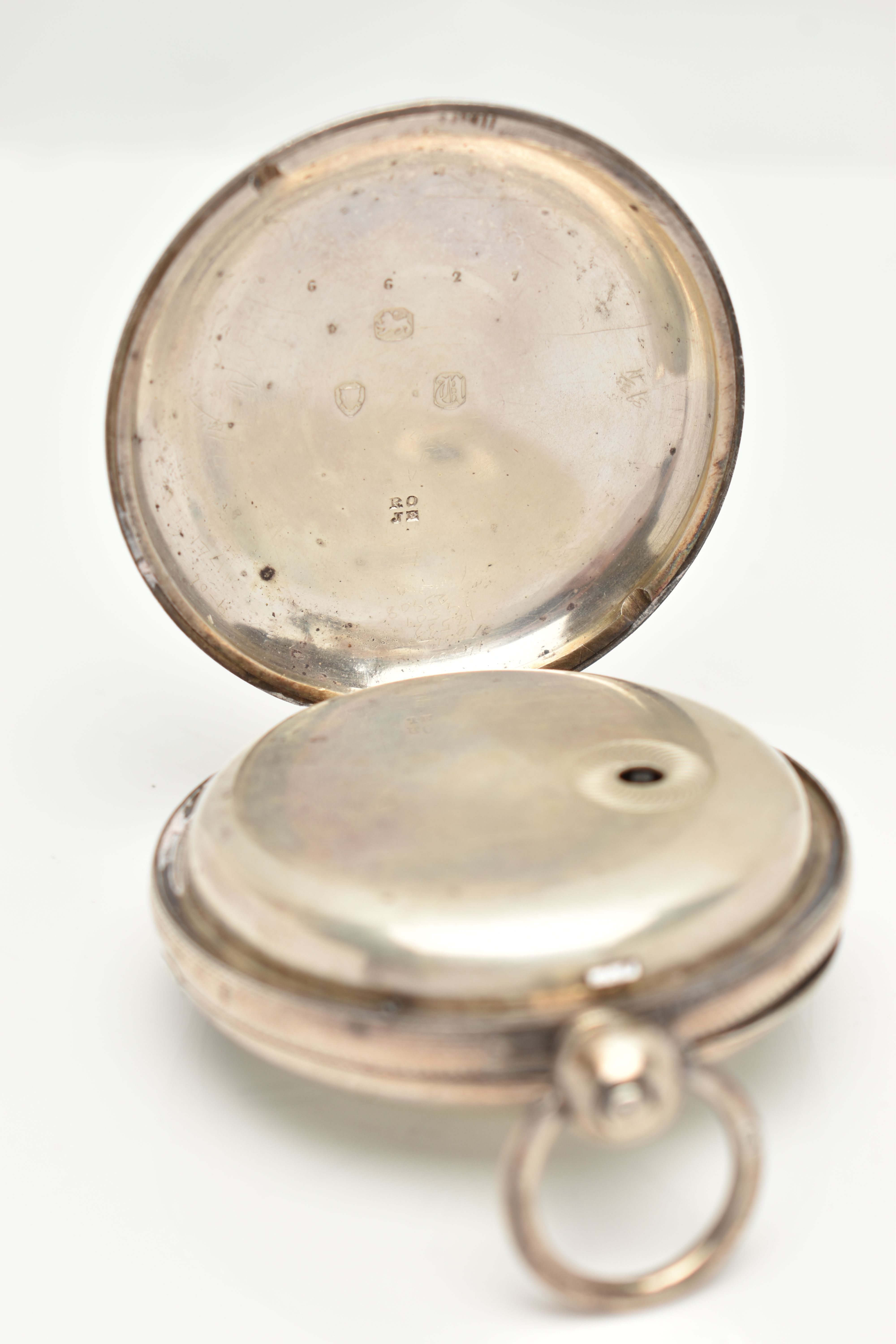 A SILVER OPEN FACE POCKET WATCH, key wound, round white dial, Roman numerals, subsidiary seconds - Image 4 of 6