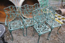 A SET OF SIX GREEN PAINTED CAST ALULUMINIUN FLORAL GARDEN CHAIRS, including two armchairs (