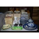 A GROUP OF COLLECTOR'S PLATES, DINNERWARE AND SALT GLAZED FLAGONS, two Booths 'Real Old Willow'