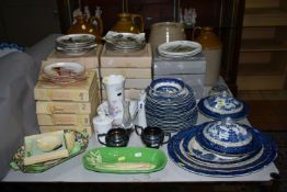 A GROUP OF COLLECTOR'S PLATES, DINNERWARE AND SALT GLAZED FLAGONS, two Booths 'Real Old Willow'