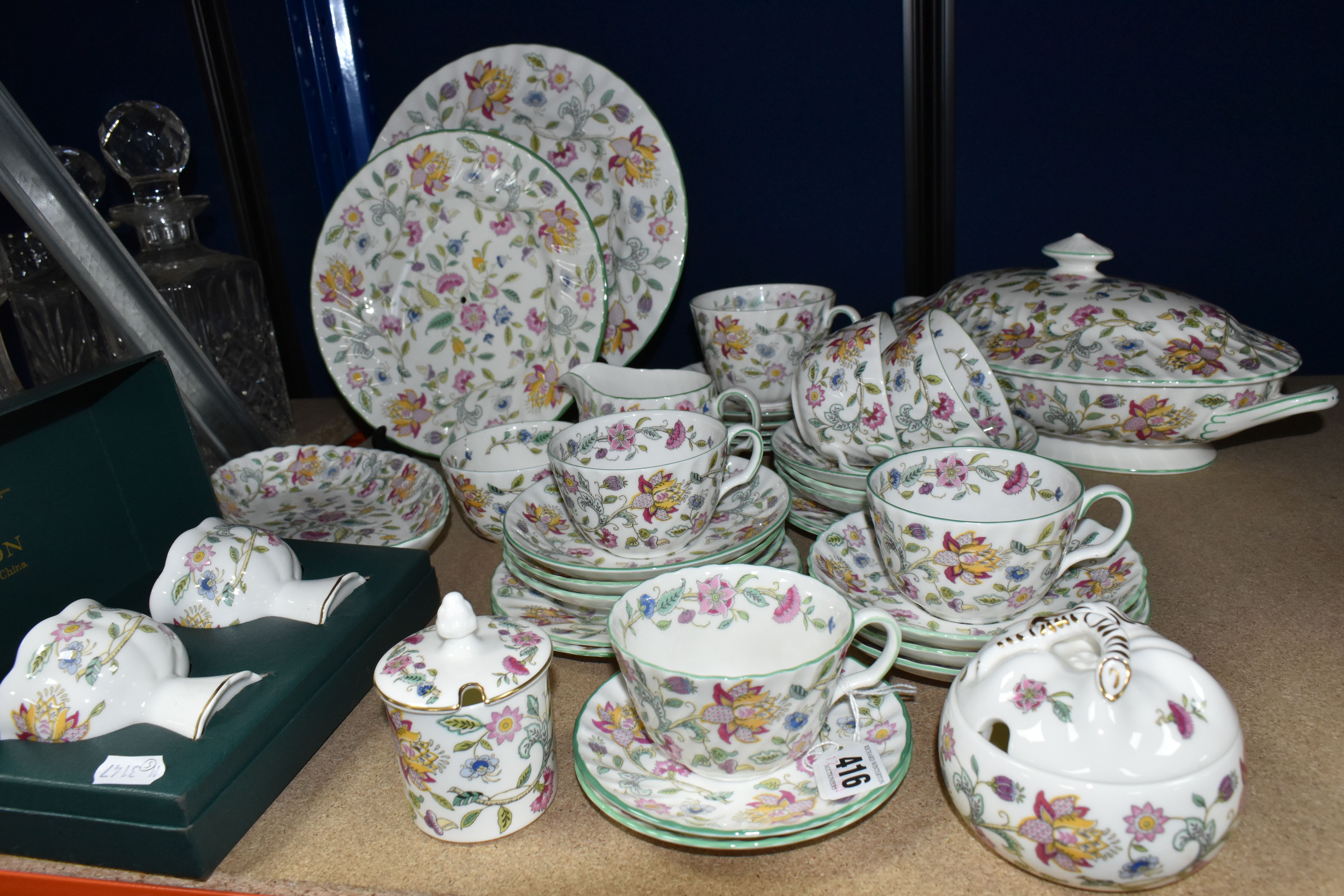 A GROUP OF MINTON 'HADDON HALL' PATTERN TEAWARE, comprising an oval trinket dish (marked as second